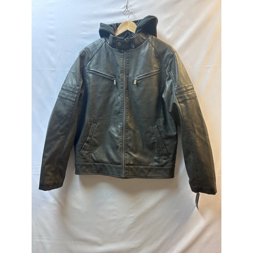 Structure Mens Faux Leather Sherpa Lined Moto Bomber Jacket Hood Brown Medium